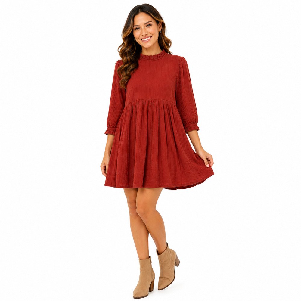Free People Mini Oversized 3/4 Sleeve Gauze Dress Dark Orange 100% Cotton sz XS